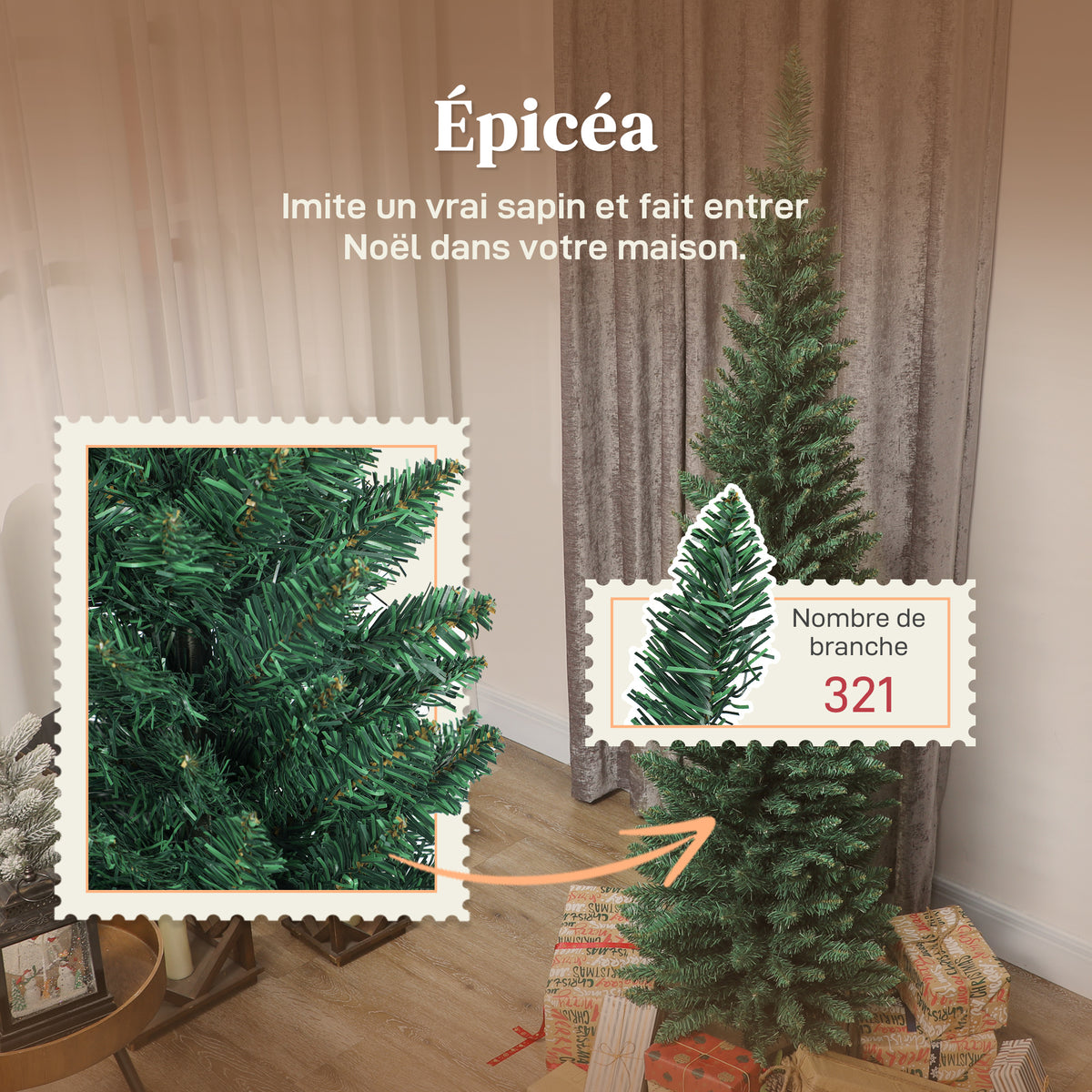 Sapin de Noël artificiel 180 cm, arbre de Noël slim, 321 pointes, facile à monter et ranger, pour maison bureau, vert-4