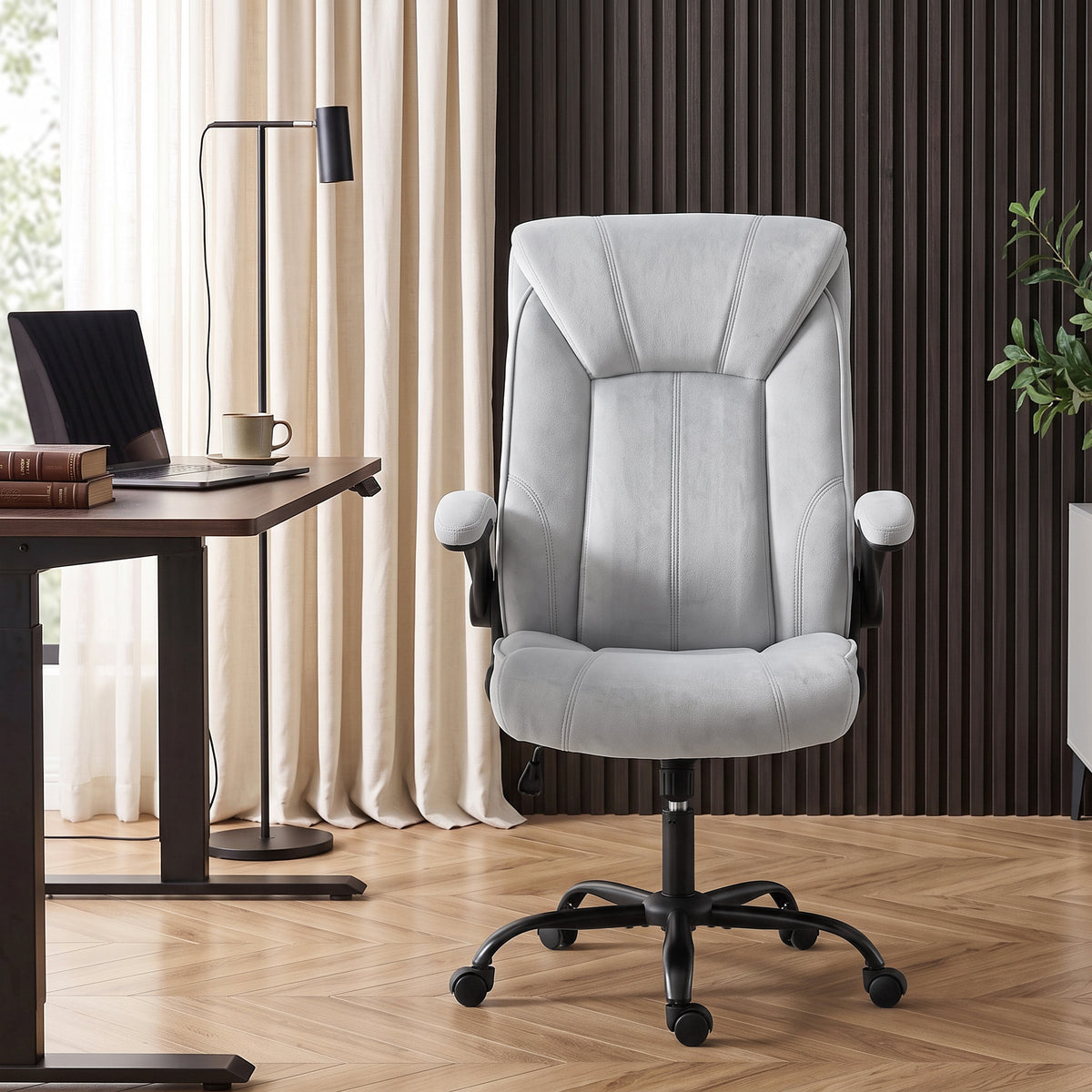 Chaise Bureau Ergonomique en Tissu Flanelle, Hauteur Réglable, Bascule, Accoudoirs Relevables, 66x77x122cm, Gris Clair-1