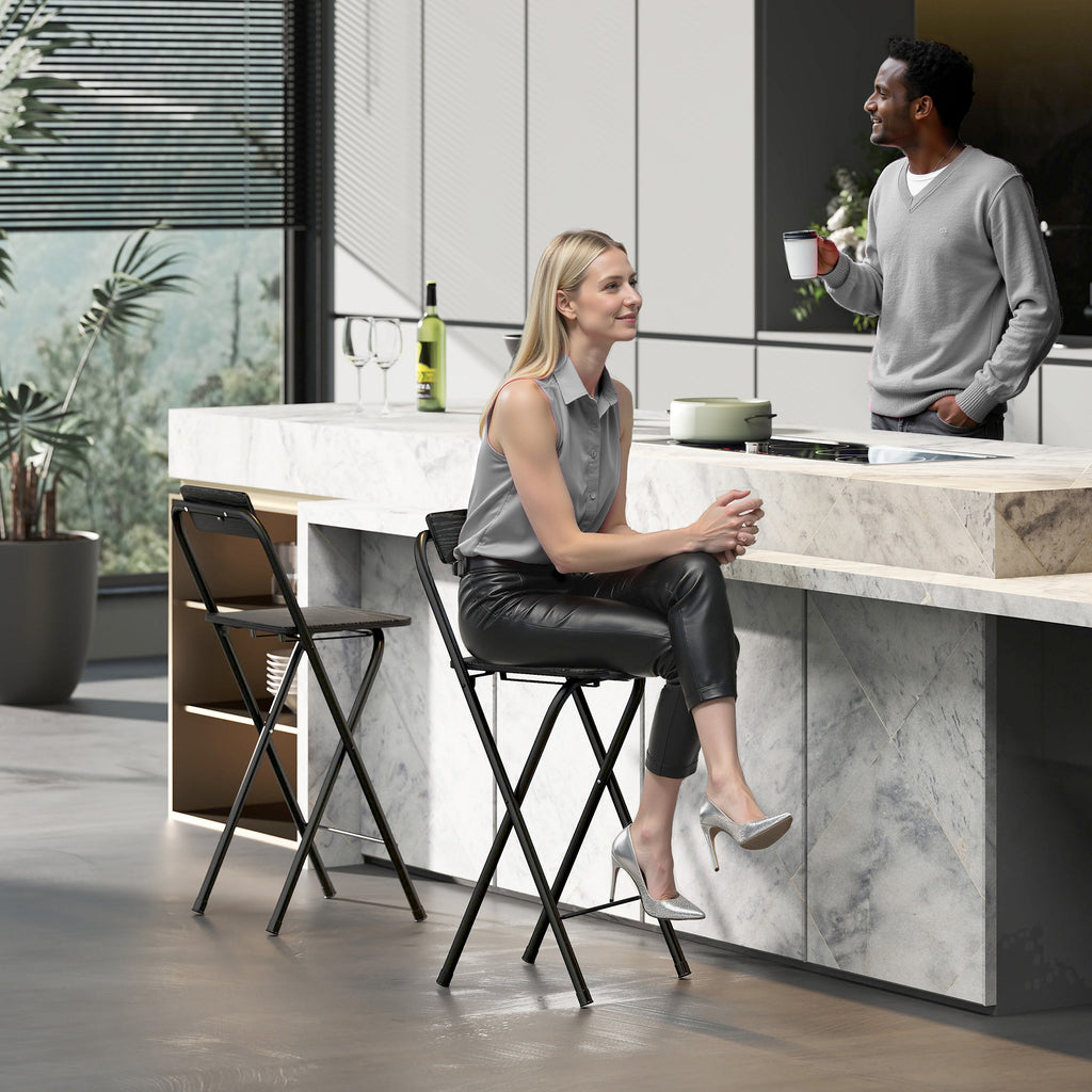 Lot de 2 tabourets de bar pliables avec dossier et repose-pieds, cadre en acier, 87 cm de haut, noir-7