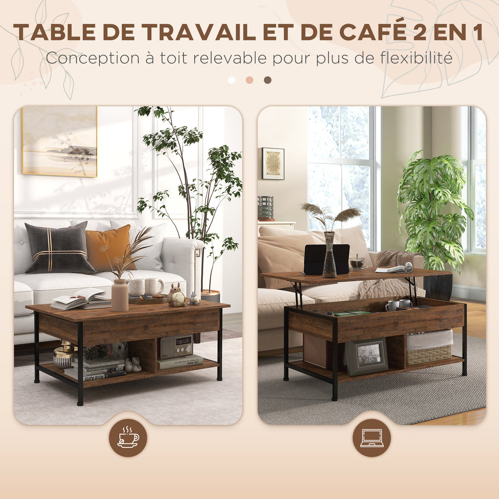 Table basse relevable table de salon compartiment caché 2 étagères inférieures 100 x 80 x 60 cm marron rustique noir-3
