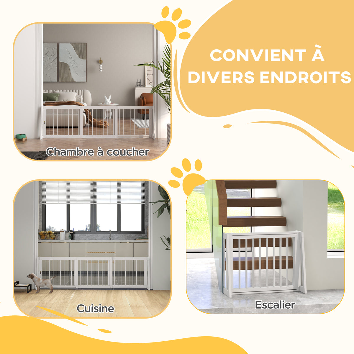 Barrière de sécurité pour chien barrière de protection à 3 panneaux rétractable 71-190 cm en bois - blanc-3