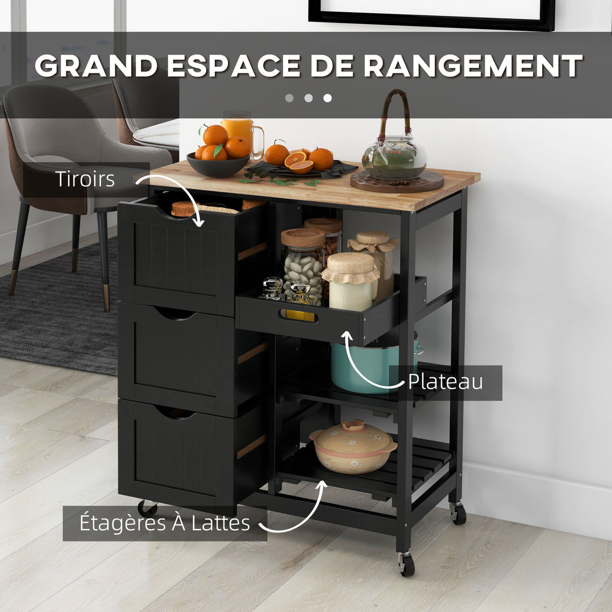 Chariot desserte de cuisine à roulettes plan de travail en bois 3 tiroirs et 1 plateau amovible 67 x 37 x 85,5 cm noir-3