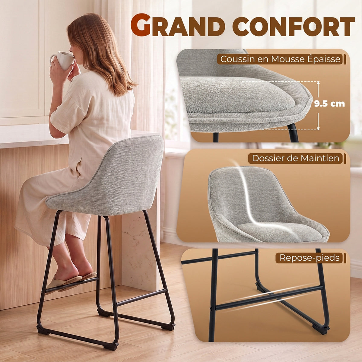 Lot de 2 Tabourets de Bar, Chaises de Bar en Chenille, Assise Rembourrée 64H cm, Dossier et Repose-Pieds, Gris-4