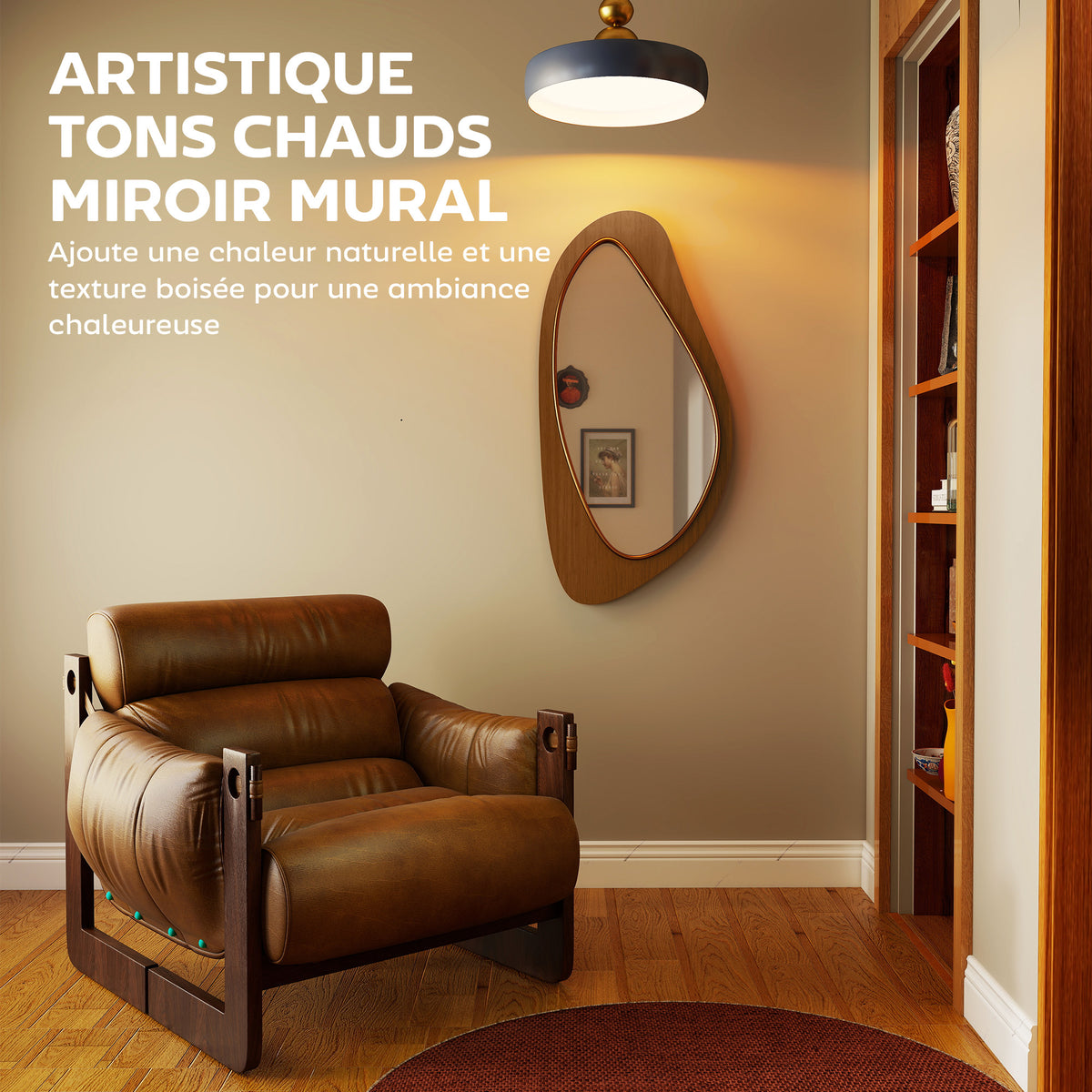 Miroir mural asymétrique 91,5 x 45 cm, miroir suspendu moderne, cadre en bois, effet bois naturel-3