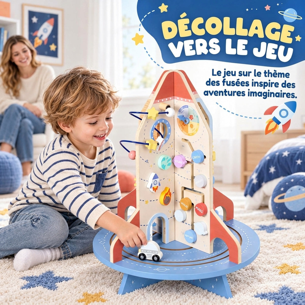 Cube d'Activités en Bois Thème Fusée, Cube Éducatif avec Trieur de Formes et Labyrinthe de Perles, pour 2 à 6 Ans-3