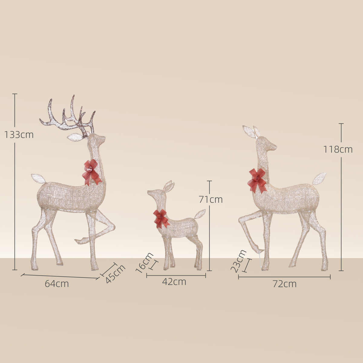 3 cerfs lumineux Noël, en forme de famille de cerfs, rennes lumineux Noël, en acier, 283 LED blanc chaud, or-2