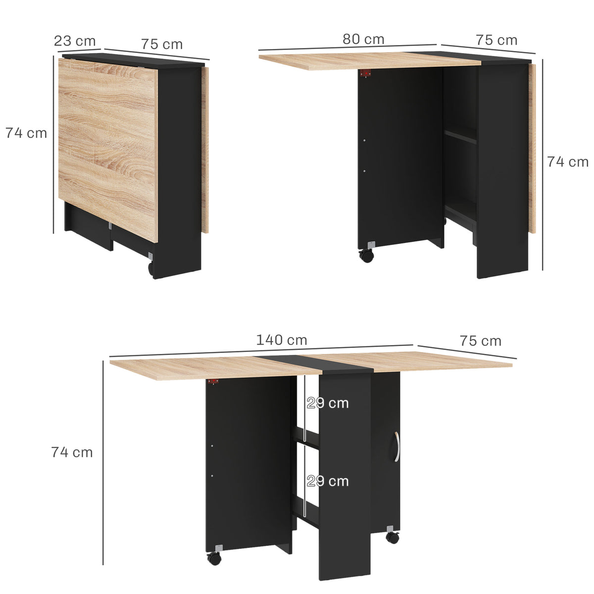 Table pliante de cuisine salle à manger amovible sur roulettes 75 x 140 x 74 cm coloris chêne et noir-2