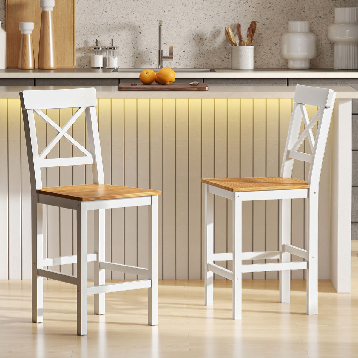 Lot de 2 tabourets de bar, chaises hautes campagne, dossier haut et repose-pieds, 41x46x97,5cm, blanc et bois naturel-7