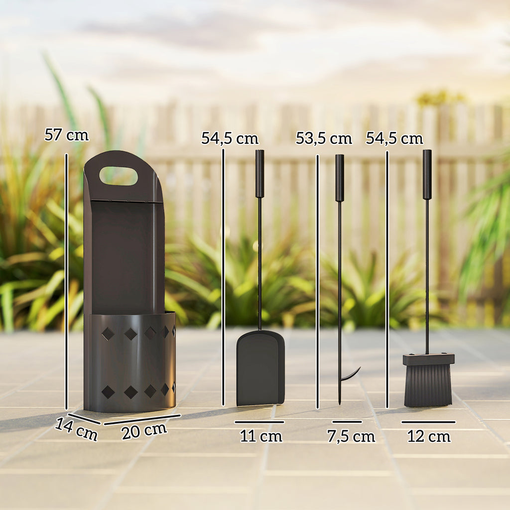 Ensemble serviteur de cheminée 4 pièces, accessoire outils cheminee avec balai pelle tisonnier et support, en métal noir-2
