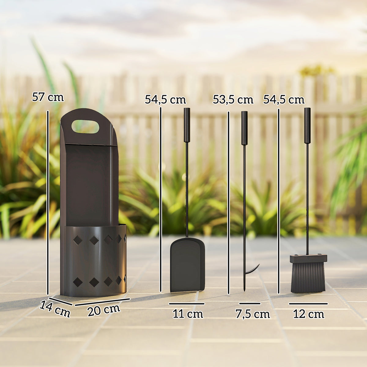 Ensemble serviteur de cheminée 4 pièces, accessoire outils cheminee avec balai pelle tisonnier et support, en métal noir-2