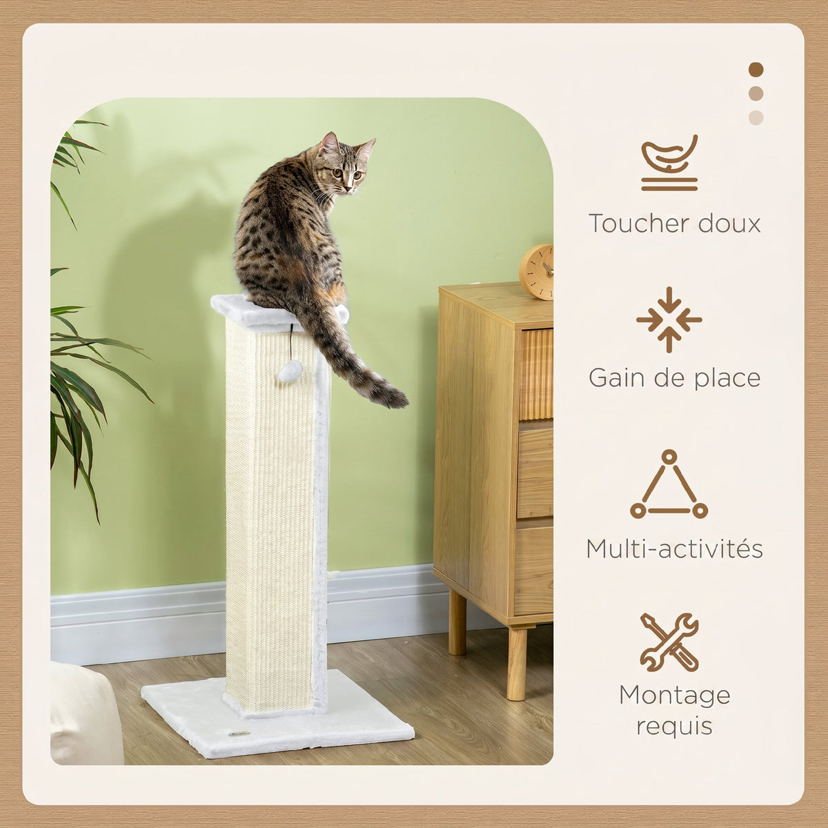 Griffoir pour chat poteau griffoir chat en sisal et peluche, boule suspendue base stable 41 x 41 x 81 cm blanc et crème-3
