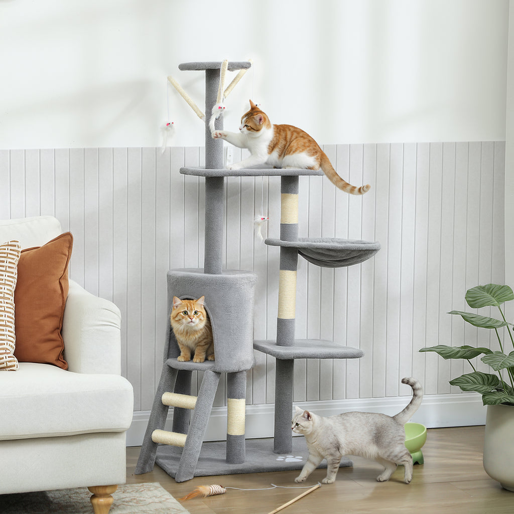 Arbre à Chat Tour de Jeux pour Chats Stable Multi-Niveaux avec Niche 3 Plate-Formes Hamac 60x35x134cm Gris-1