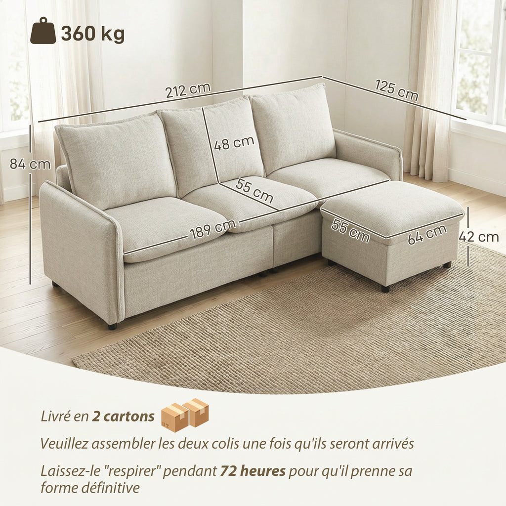 Canapé 3 places avec pouf de rangement, canapé d'angle modulable 212 cm, coussins à ressorts, tissu en lin, crème-2