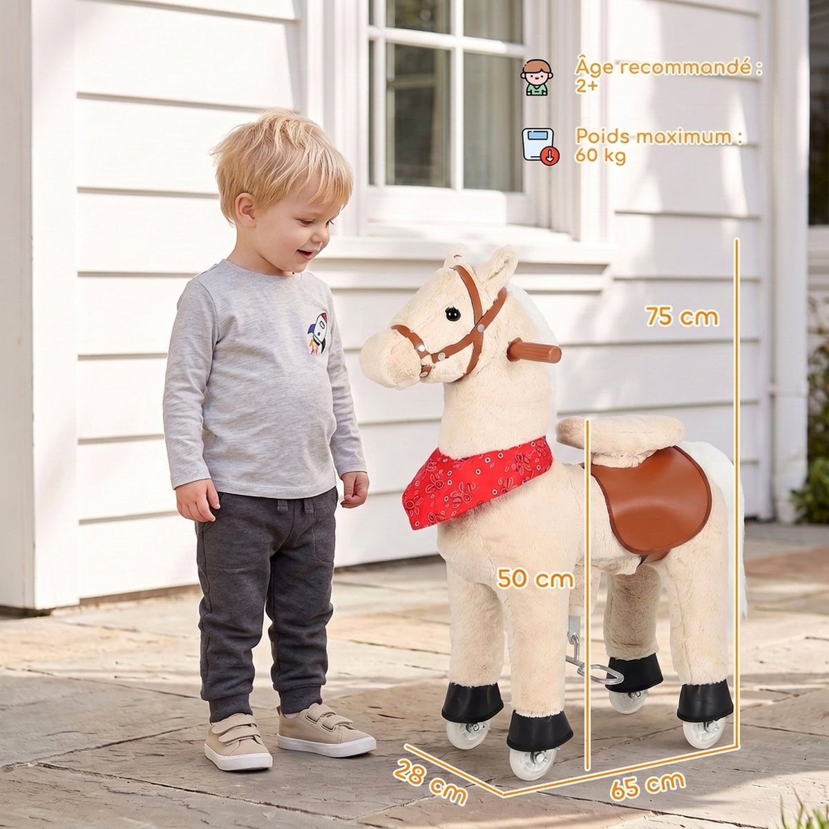 Cheval à bascule en peluche avec tête rotative, roues roulantes et sons de hennissement, dès 2 ans, marron clair-2