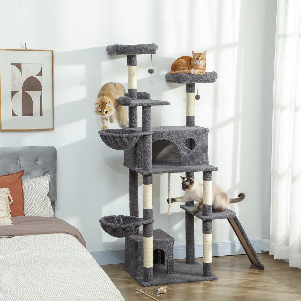 Arbre à chat tour de jeux pour chat avec griffoir 3 lits 2 niches plateformes et 3 jouets suspendus hauteur 174 cm gris-9