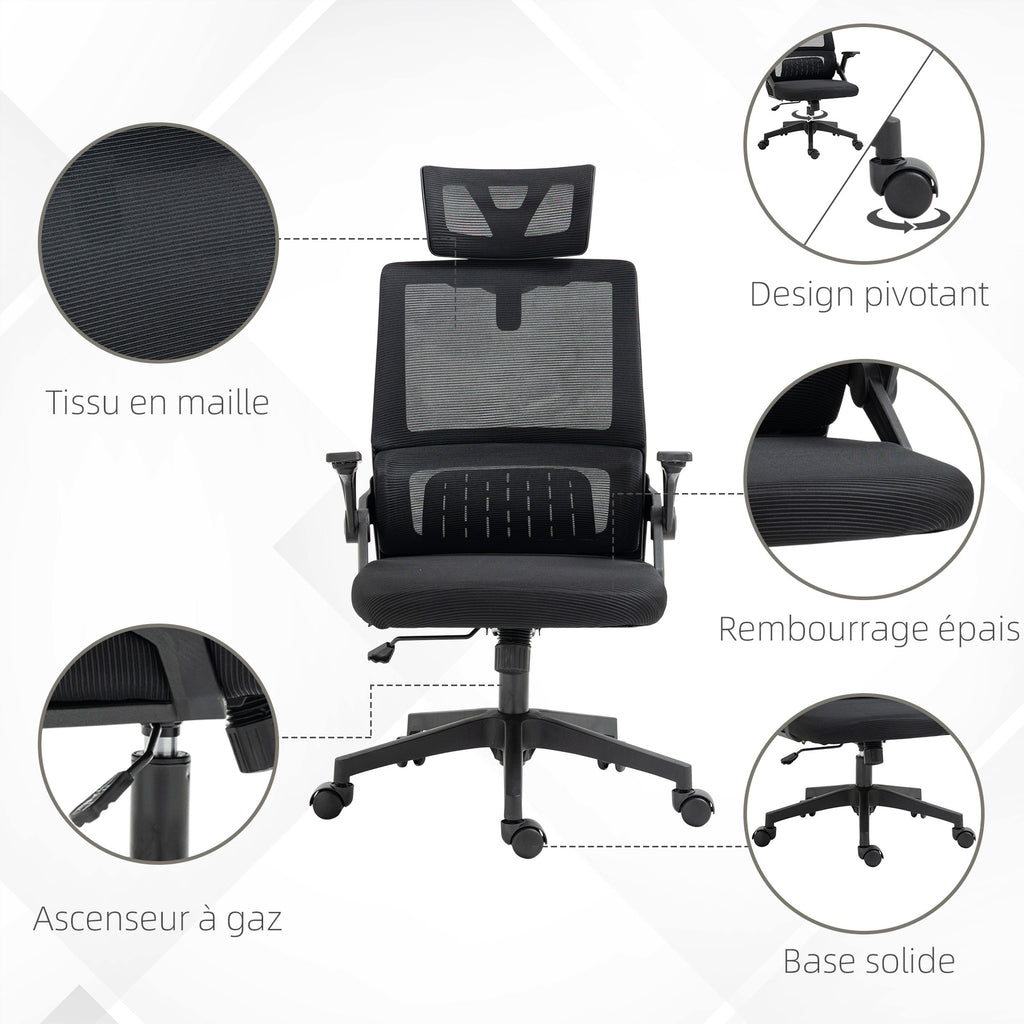 Fauteuil de bureau réglable tissu maille polyester dossier ergonomique inclinable pivotant Noir-7