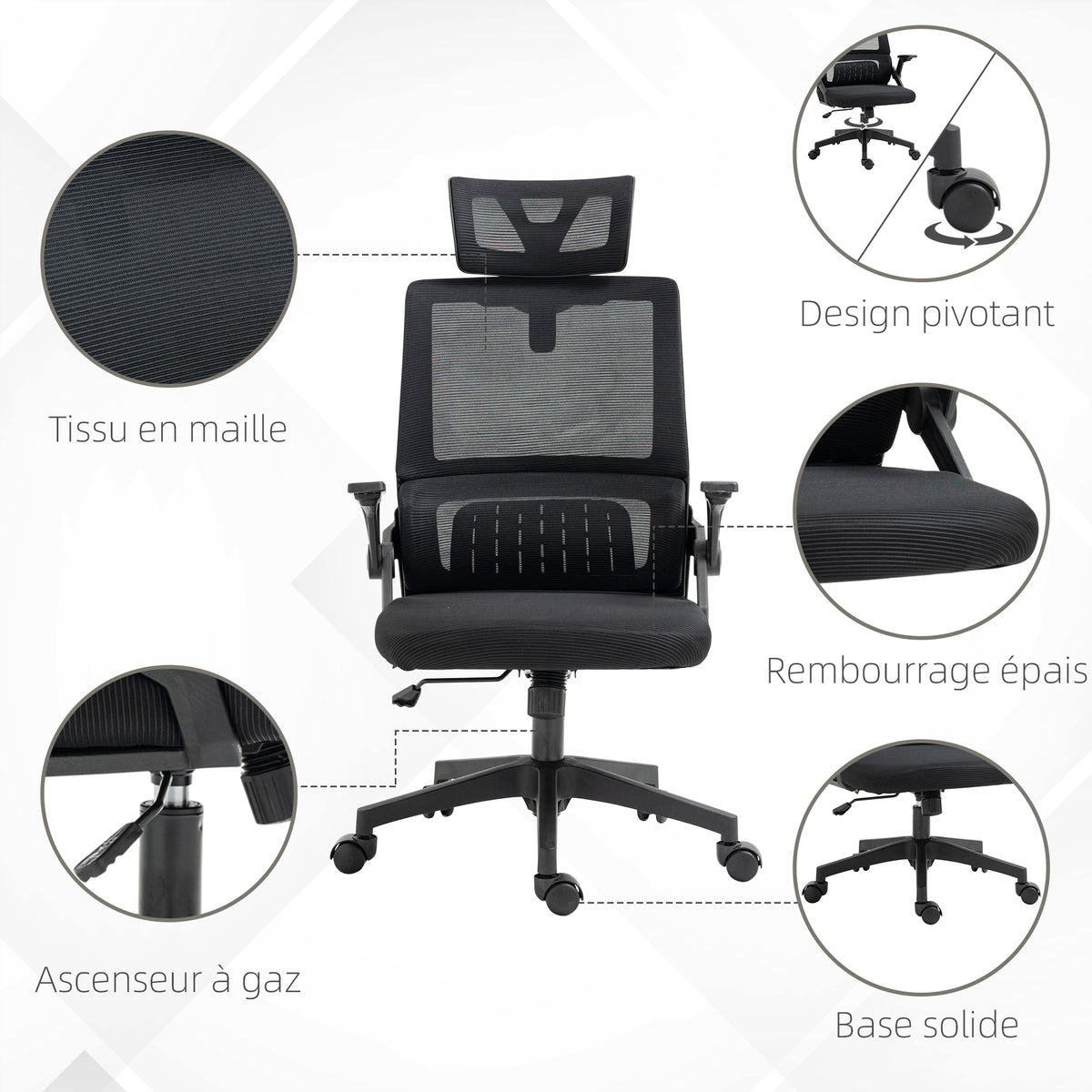 Fauteuil de bureau réglable tissu maille polyester dossier ergonomique inclinable pivotant Noir-7