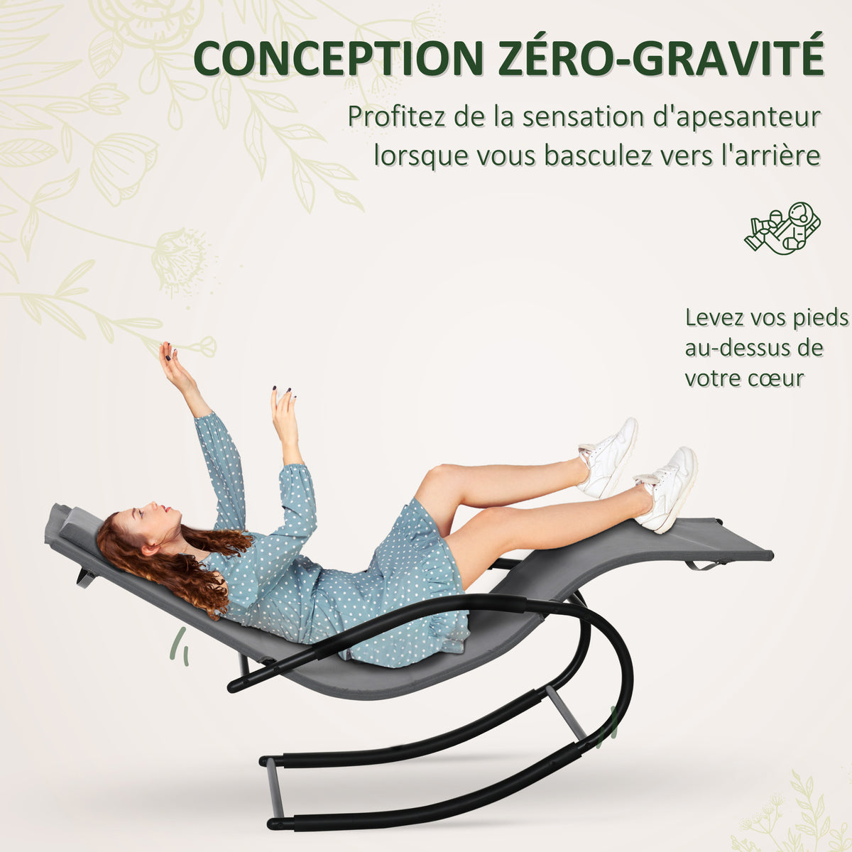 Chaise longue à bascule rocking chair ergonomique avec tétière accoudoirs métal galvanisé textilène Gris-4