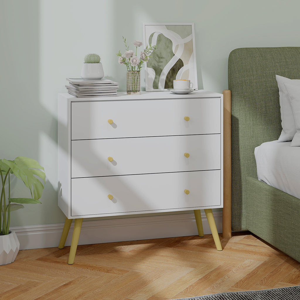 Commode 3 tiroirs design scandinave piètement effilé incliné bois pin panneaux blanc80 x 30 x 80 cm blanc-1