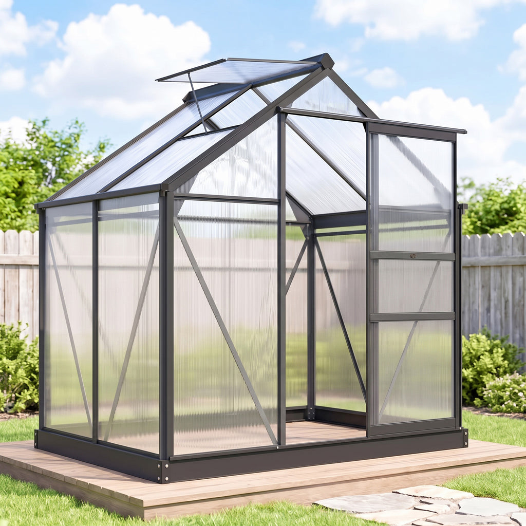 Serre de jardin polycarbonate 190 x 132 x 201 cm résistant aux UV 30+ fondation renforcé gouttière gris-1