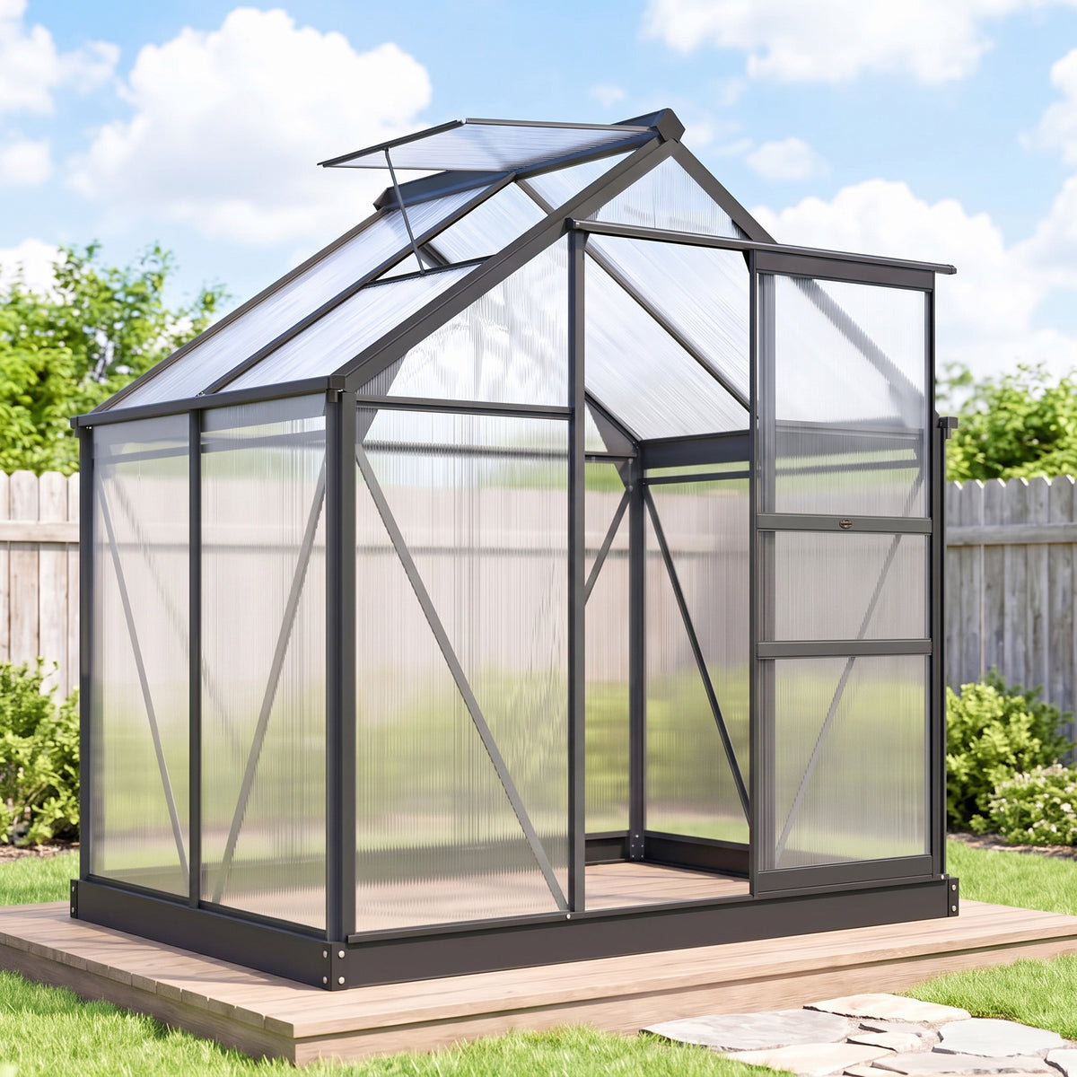 Serre de jardin polycarbonate 190 x 132 x 201 cm résistant aux UV 30+ fondation renforcé gouttière gris-1
