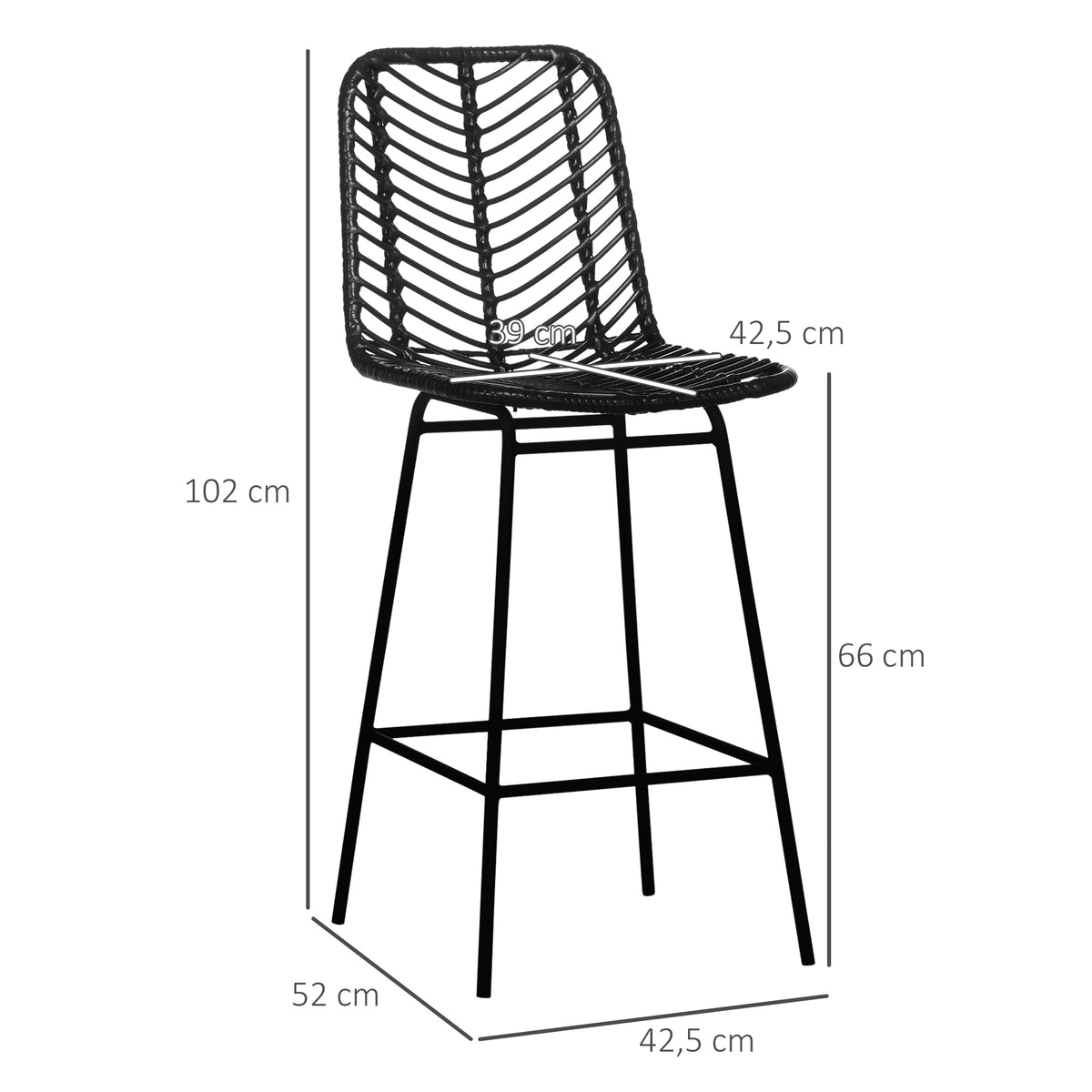 Lot de 4 tabourets de bar design bohème hauteur 66 cm avec repose-pieds métal et rotin PE - noir-2