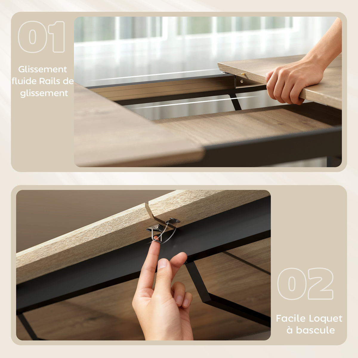 Table à manger extensible rectangle pour 6 à 8 personnes, table de cuisine avec rallonge 140-180 cm, effet bois naturel-5