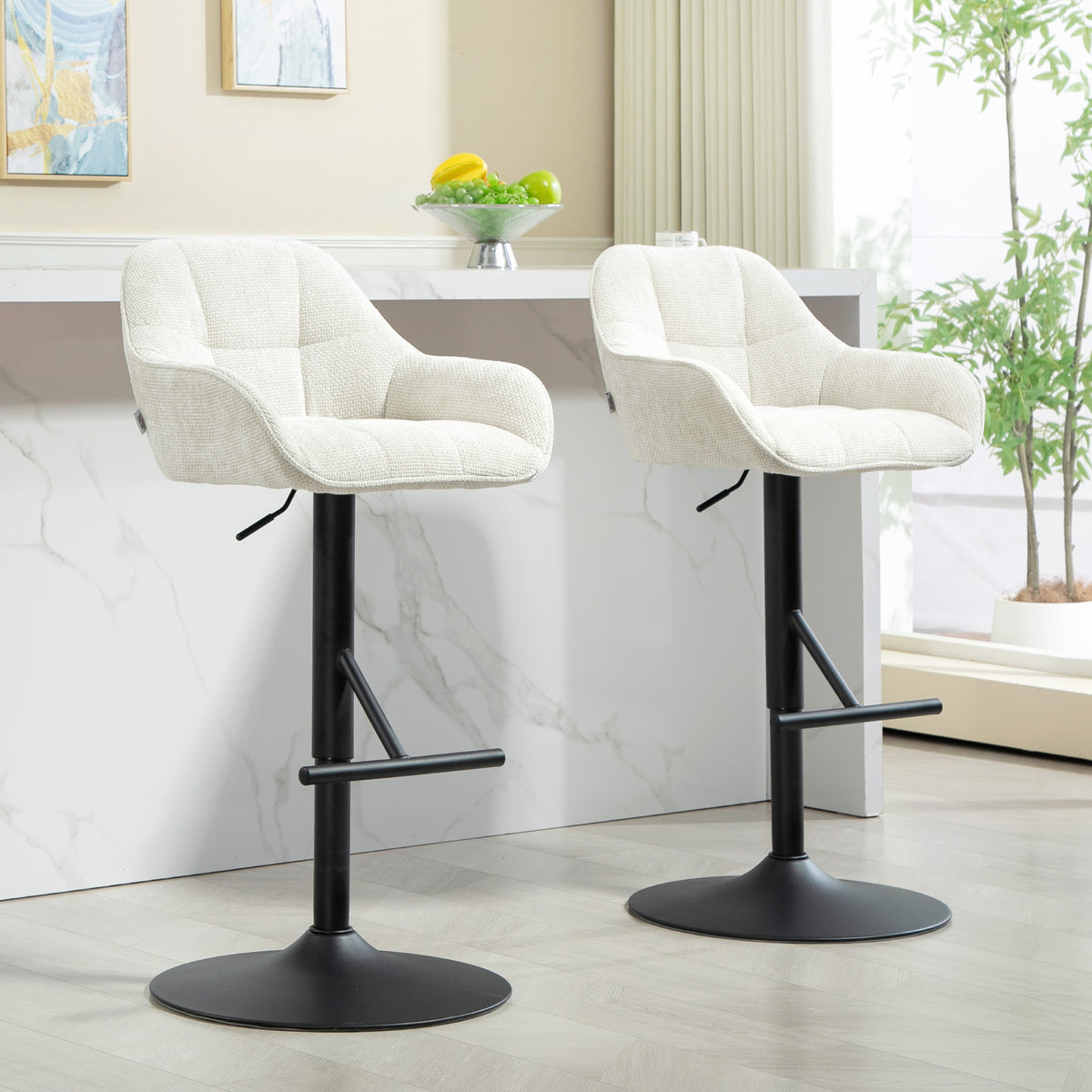 Lot de 2 tabourets de bar chaises de bar hauteur réglable tissu effet lin et base en acier 52,5 x 53 x 86,5-108 cm crème-1