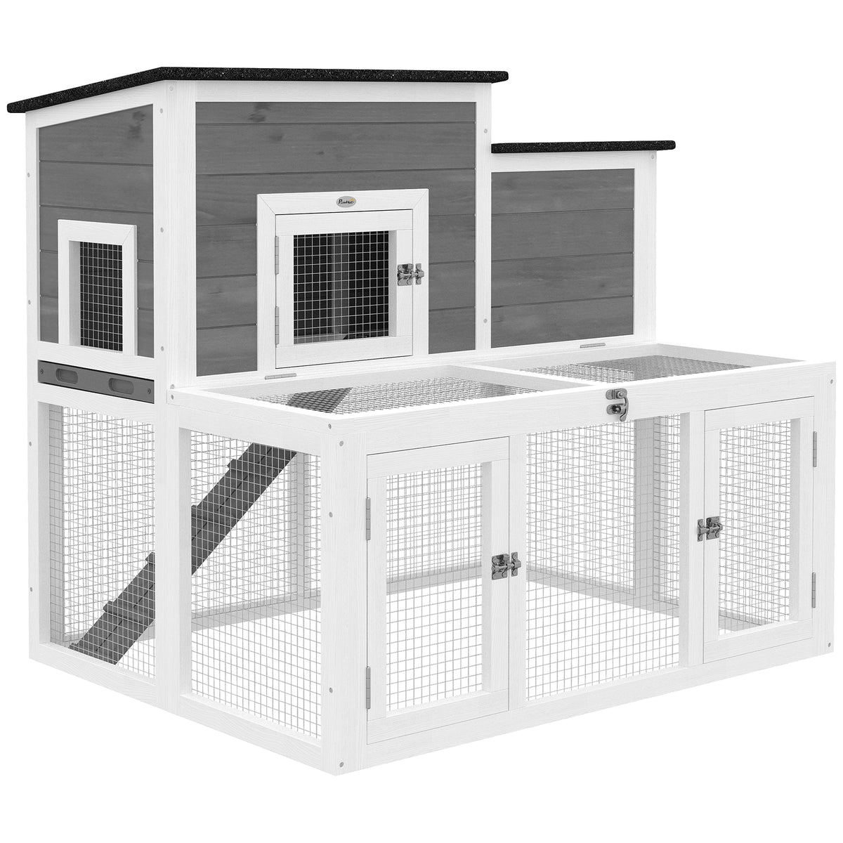 Clapier Lapin Extérieur en Bois Cage à Lapin Intérieur Double Toit Ouvrant Imperméable 2 Niveaux avec Enclos Gris-0