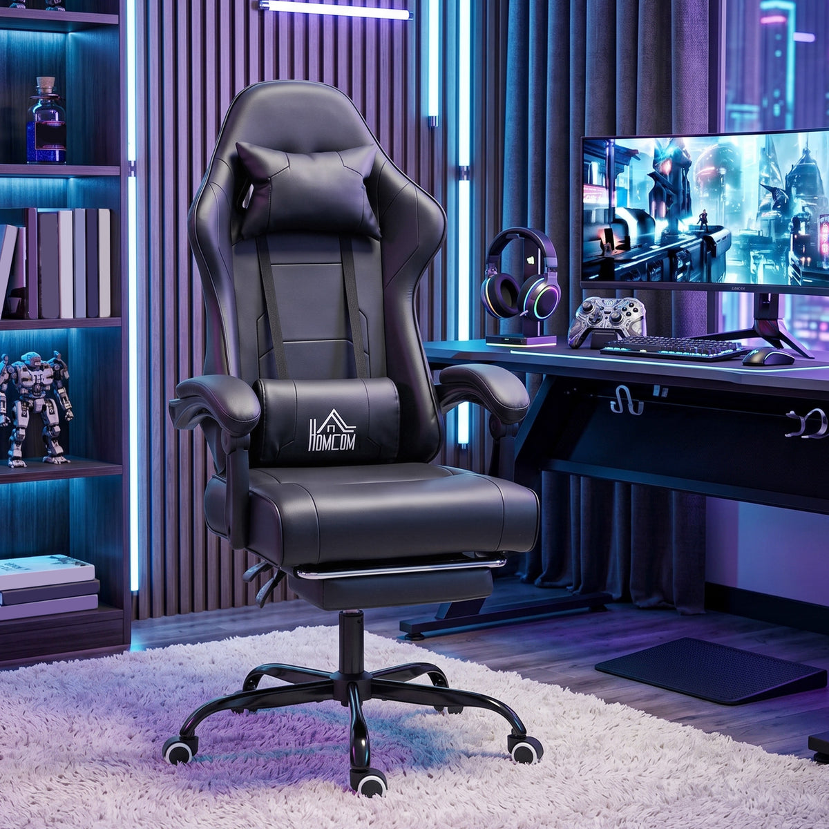 Chaise gaming ergonomique, fauteuil gamer avec support lombaire massant, dossier inclinable, hauteur réglable, noir-1