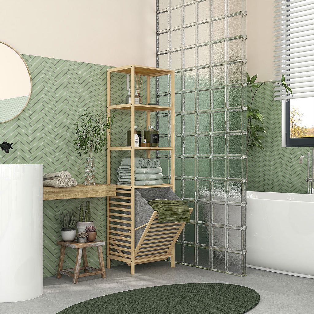 Etagère de rangement pour salle de bain en bambou avec 3 étagères et 1 panier à linge amovible 44L x 33l x 160H cm-1