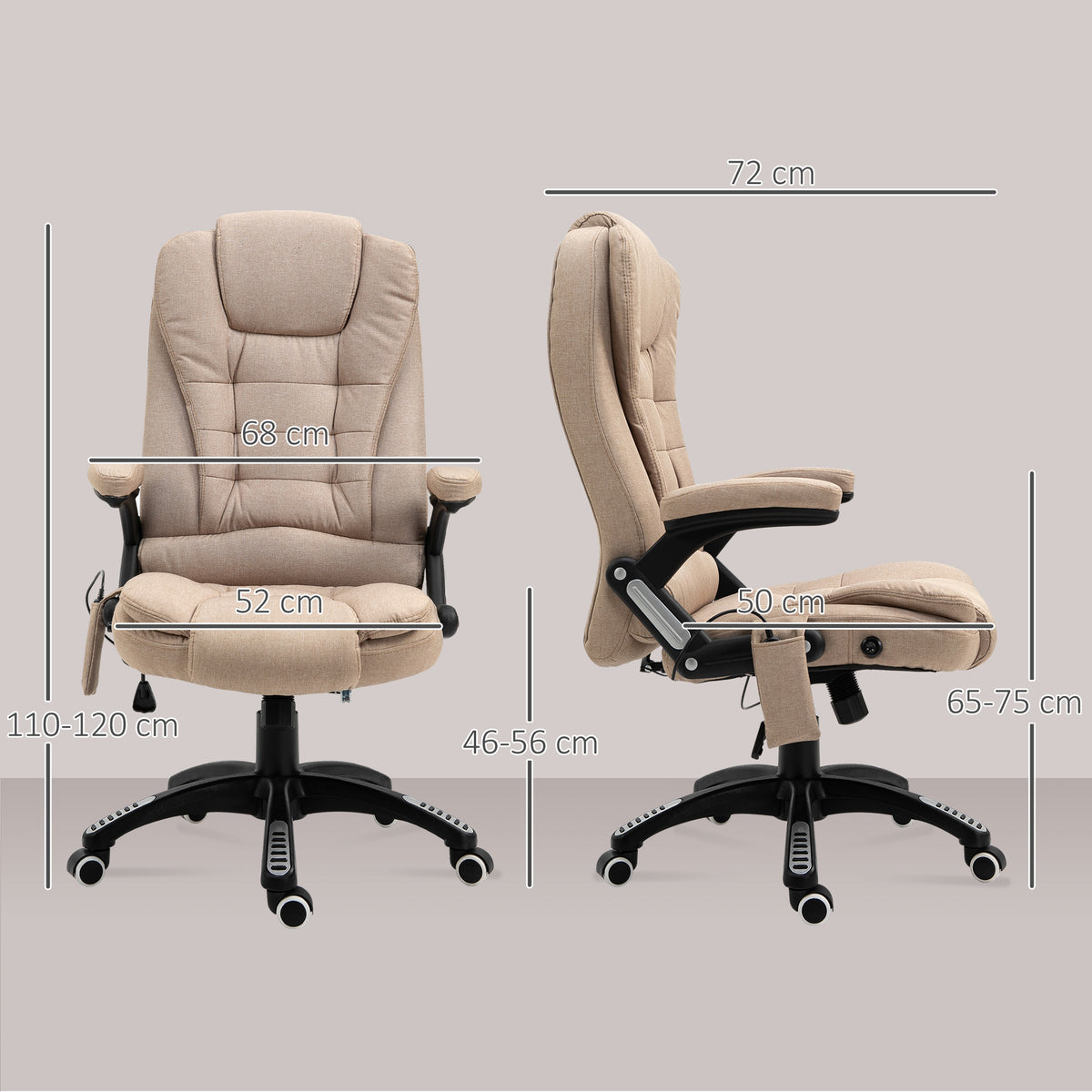 Fauteuil de bureau massant et chauffant, chaise de bureau, chaise ergonomique avec hauteur réglable, dossier inclinable et télécommande filaire, pivotant à 360° tissu en polyester marron-2