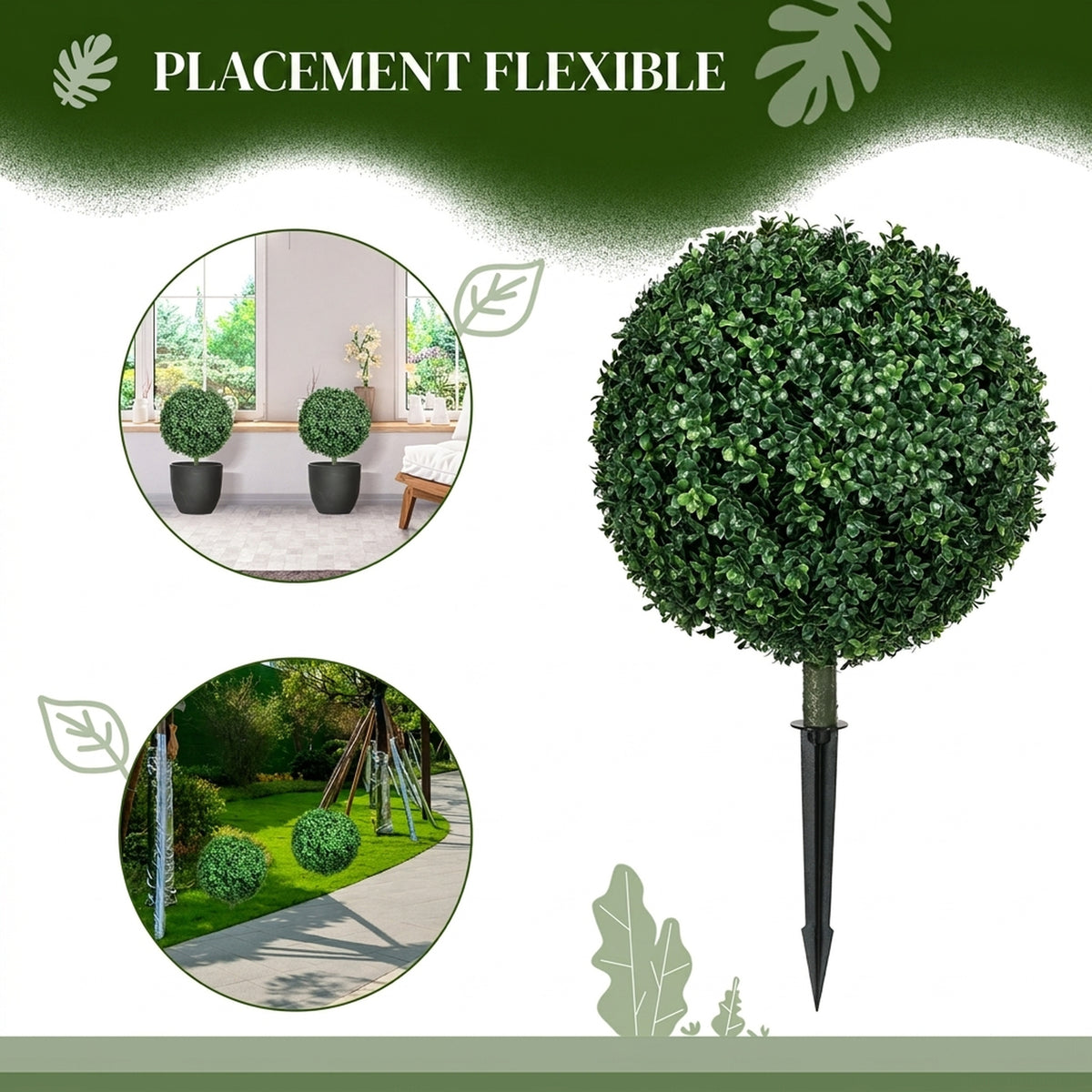 Lot de 2 Plantes Artificielles 70 cm, Boules de Buis, 440 Feuilles, Piquets, Résistant aux UV, Facile à Nettoyer, Vert-3