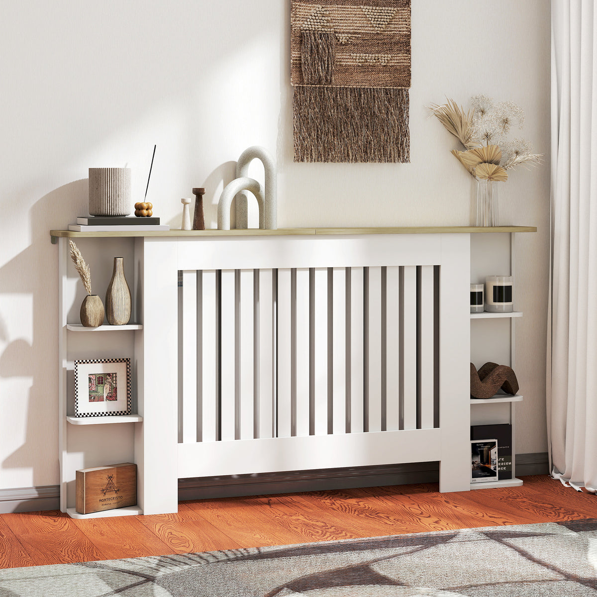 Cache-radiateur avec étagères de rangement ouvertes, couvercle de radiateur en bois à lattes, 152x19x83cm, blanc-1