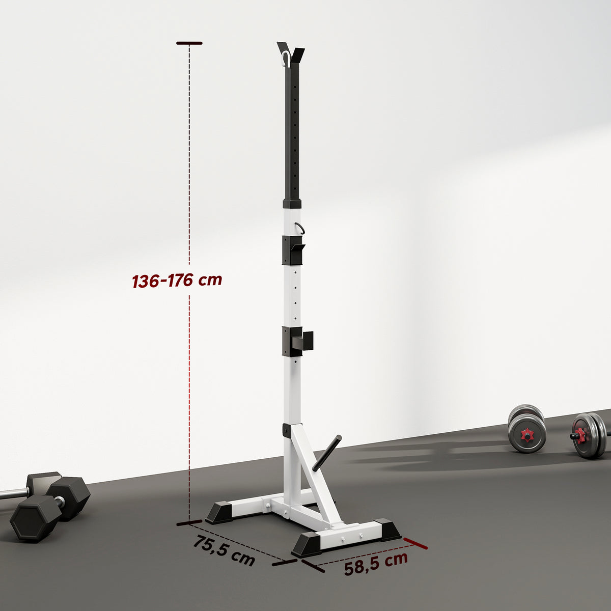 Squat Rack Réglable en Acier, Charge 200 kg, Support pour 3 Barres d'Haltères avec Crochets, 58,5x75,5x136-176cm, Argent-2