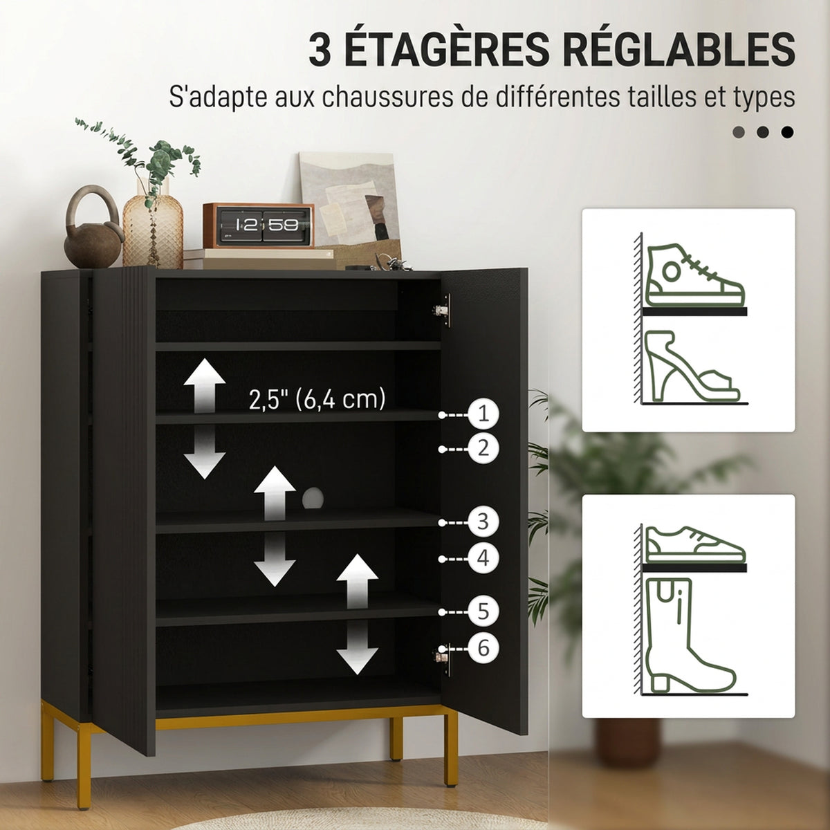Meuble à Chaussures 20 Paires, Armoire à Chaussures, Portes à Fermeture Douce, Étagères Réglables, Pieds en Acier, Noir-3