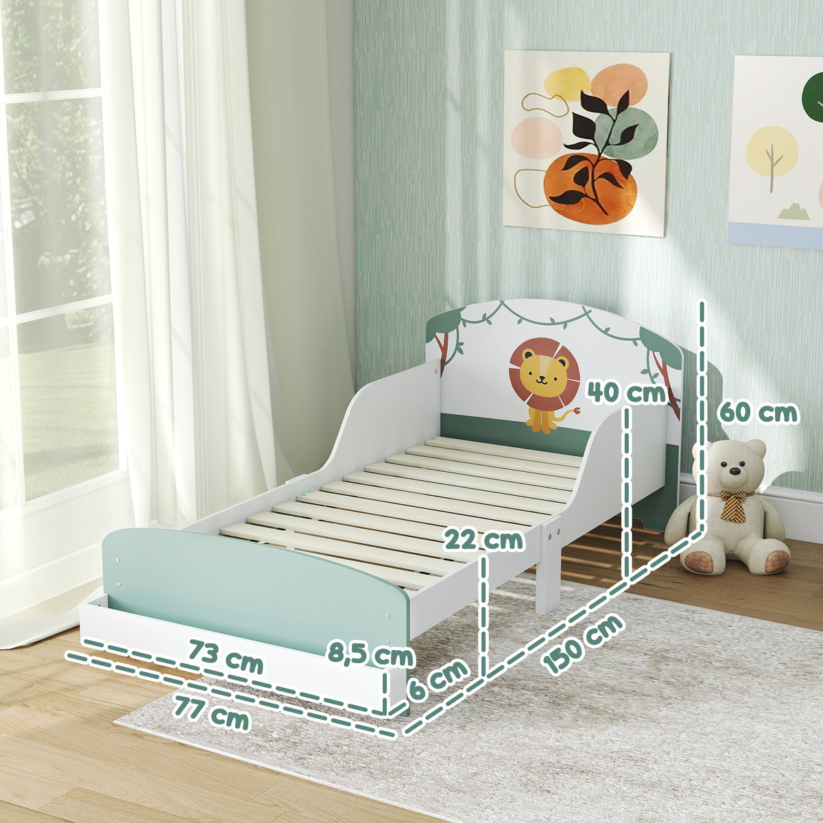 Lit enfant 70 x 140 cm, lit pour enfant avec barriere de securite et sommier à lattes, espace de rangement, vert-2