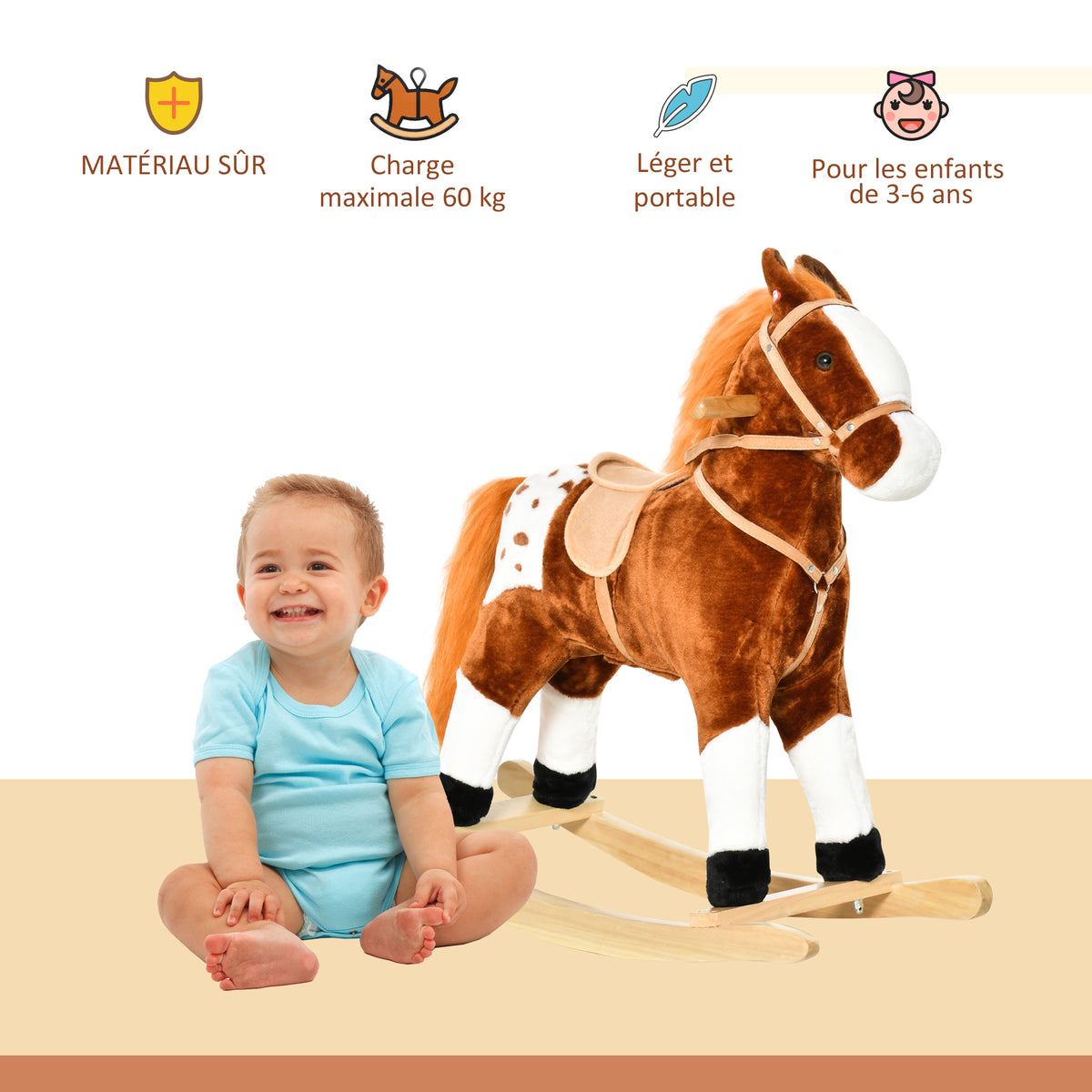 Cheval à Bascule en Bois et Peluche pour Enfant Cheval de Cowboy peluche Pour Enfants de 3-6 Ans Jouet balançoire avec Effet sonore Selle rênes Marron Blanc-3