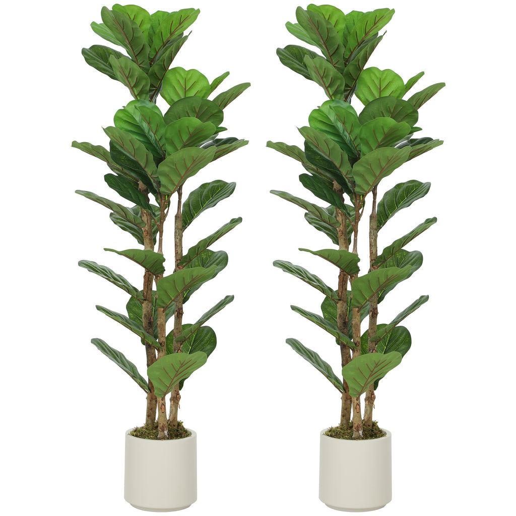Lot de 2 plantes artificielles 120 cm Figuier lyre arbre artificiel avec pot en plastique et tronc en bois massif, vert-0