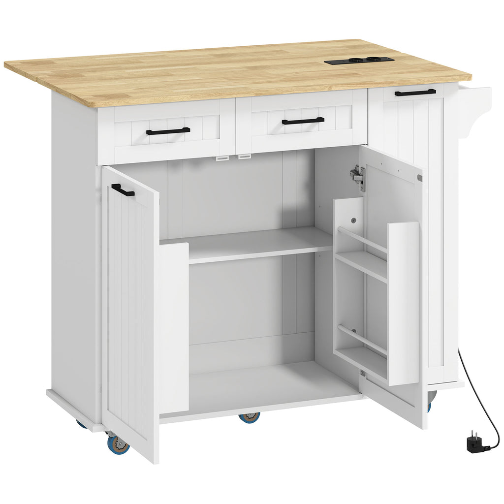 Îlot central cuisine mobile avec prise de courant et port USB, tablette à abattant, étagère réglable blanc-0