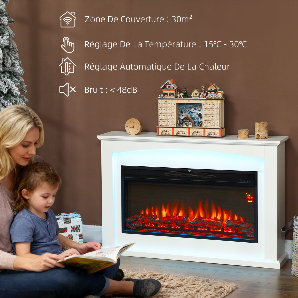 Cheminée électrique 1000W/2000W, fausse cheminée décorative, effet flamme à 5 luminosités réglables, 121x25x77cm, blanc-4
