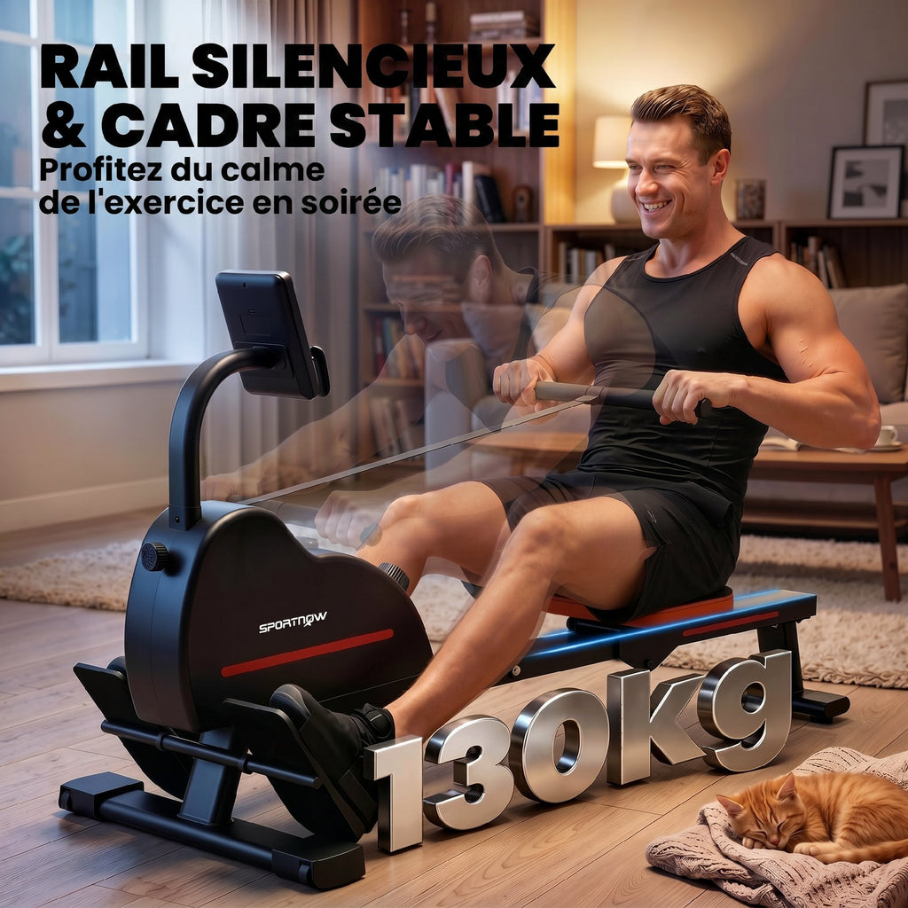 Rameur Musculation d'Appartement Bluetooth Connecté Kinomap & Zwift 16 Niveaux Résistance Silencieux 135x42x72cm Rouge-6