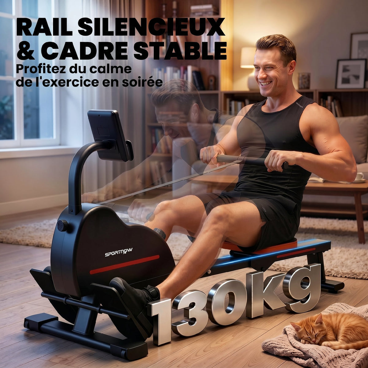 Rameur Musculation d'Appartement Bluetooth Connecté Kinomap & Zwift 16 Niveaux Résistance Silencieux 135x42x72cm Rouge-6