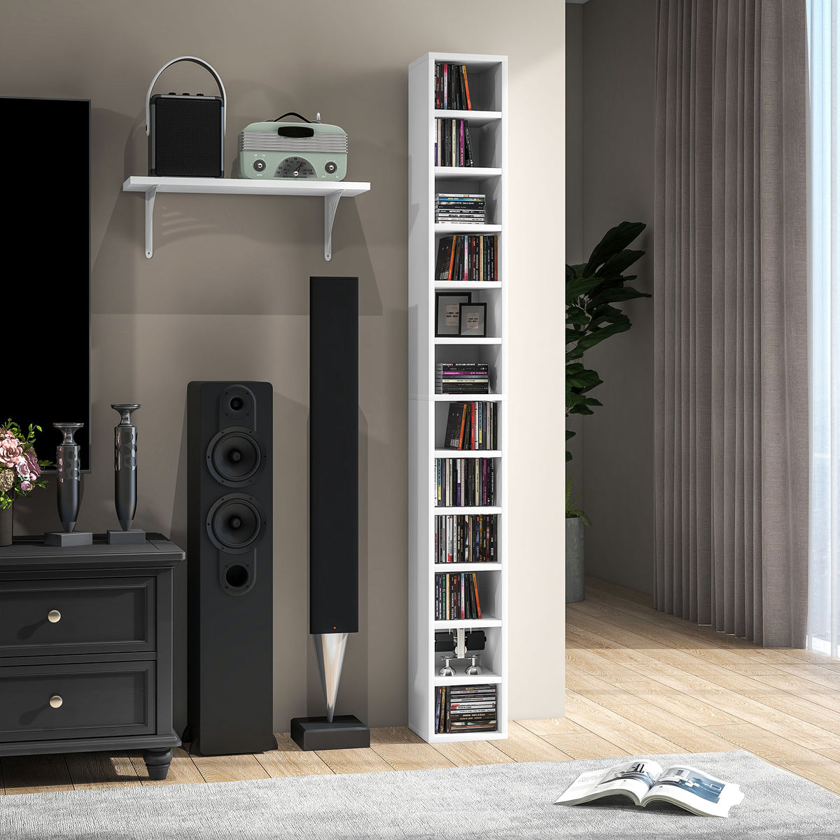 Rangements pour CD et DVD avec 12 compartiments, capacité max. 204 CD, 21 x 20 x 175 cm, blanc-1