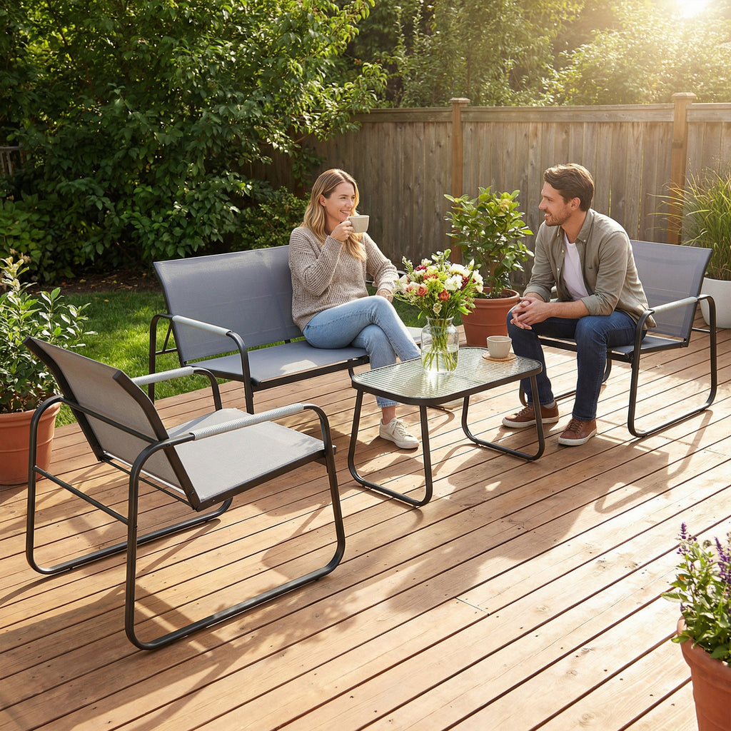 Salon de Jardin Ensemble de Terrasse en Acier et Textilène 4 Pièces avec Accoudoirs Corde Tressée Gris-8
