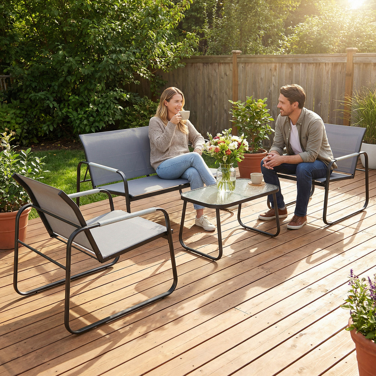 Salon de Jardin Ensemble de Terrasse en Acier et Textilène 4 Pièces avec Accoudoirs Corde Tressée Gris-8