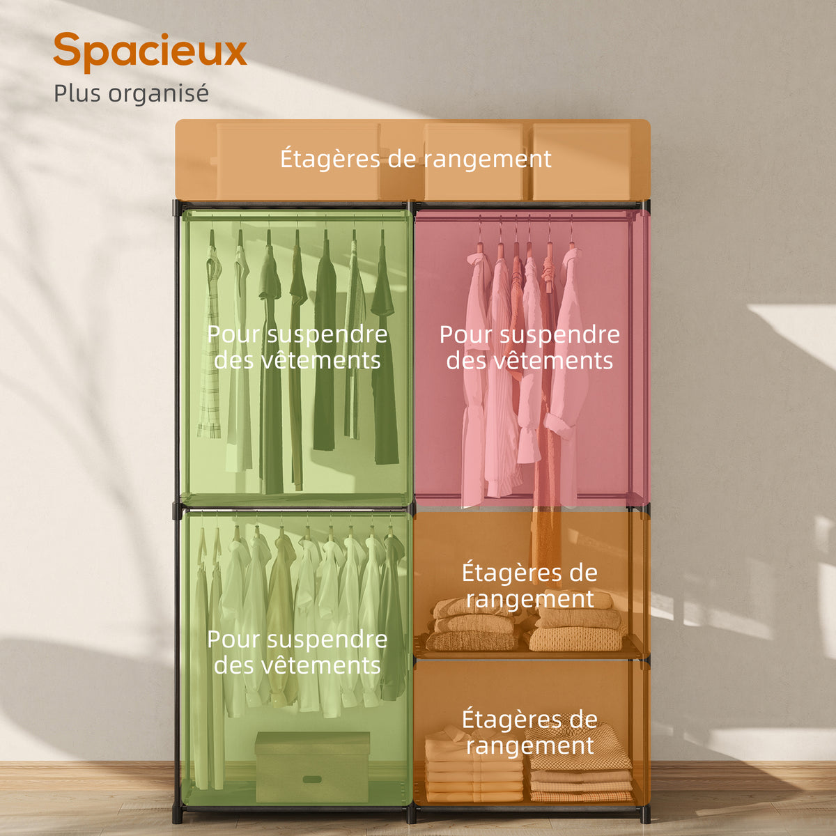 Armoire de rangement, penderie portable avec 2 barres de suspension et 6 étagères, 111 x 43 x 185 cm, noir-4