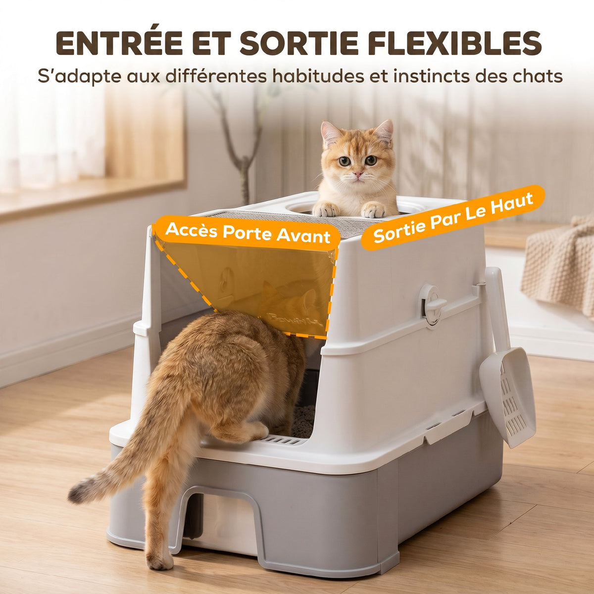 Bac à Litière pour Chat en Inox, Tiroir Coulissant, Couvercle Amovible, Pelle, Sacs Filtrants，Pédale, 60x40x45cm, Gris-5