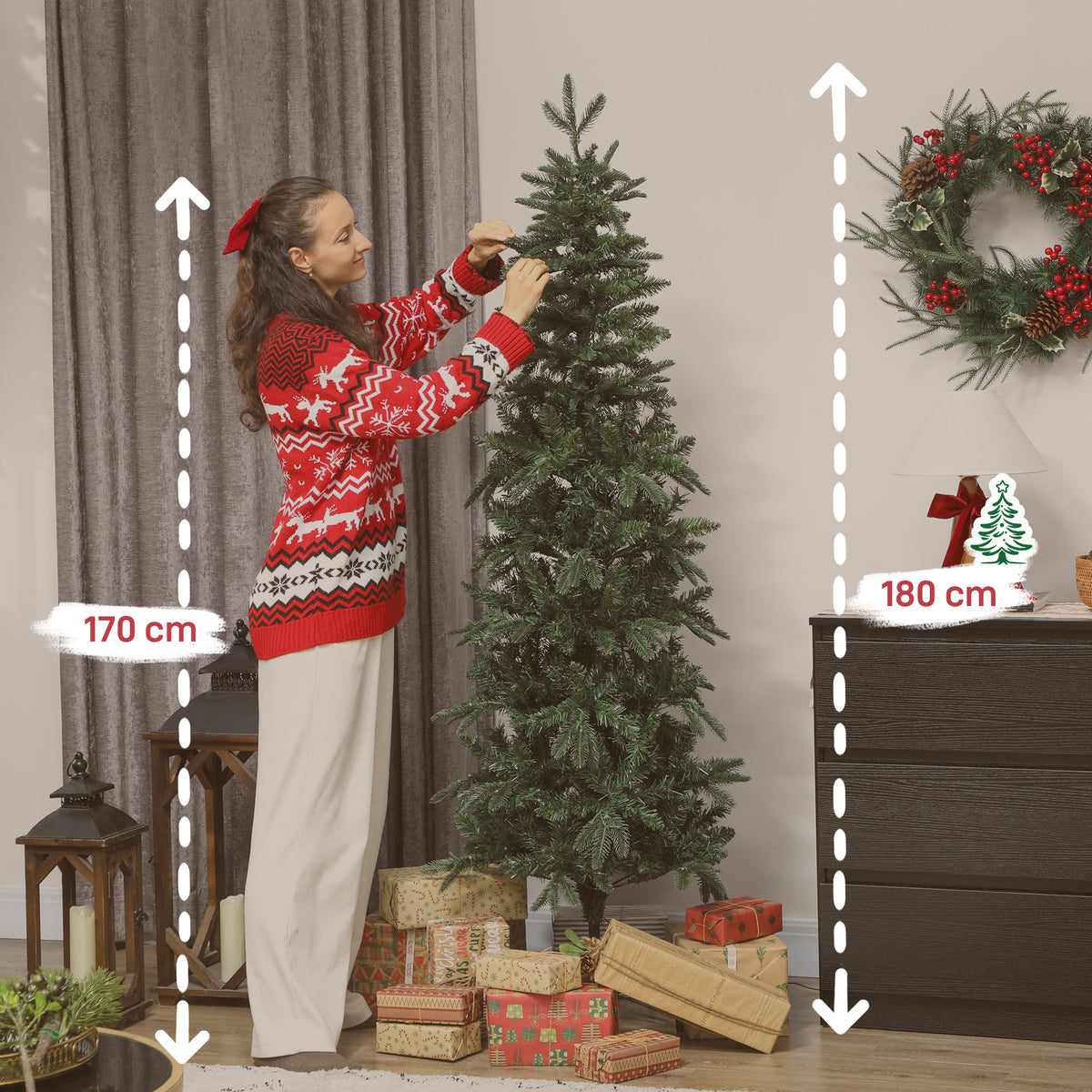 Sapin de Noël artificiel 180 cm, arbre de Noël slim avec 200 lumières 8 modes d'éclairage 605 branches articulées, vert-2