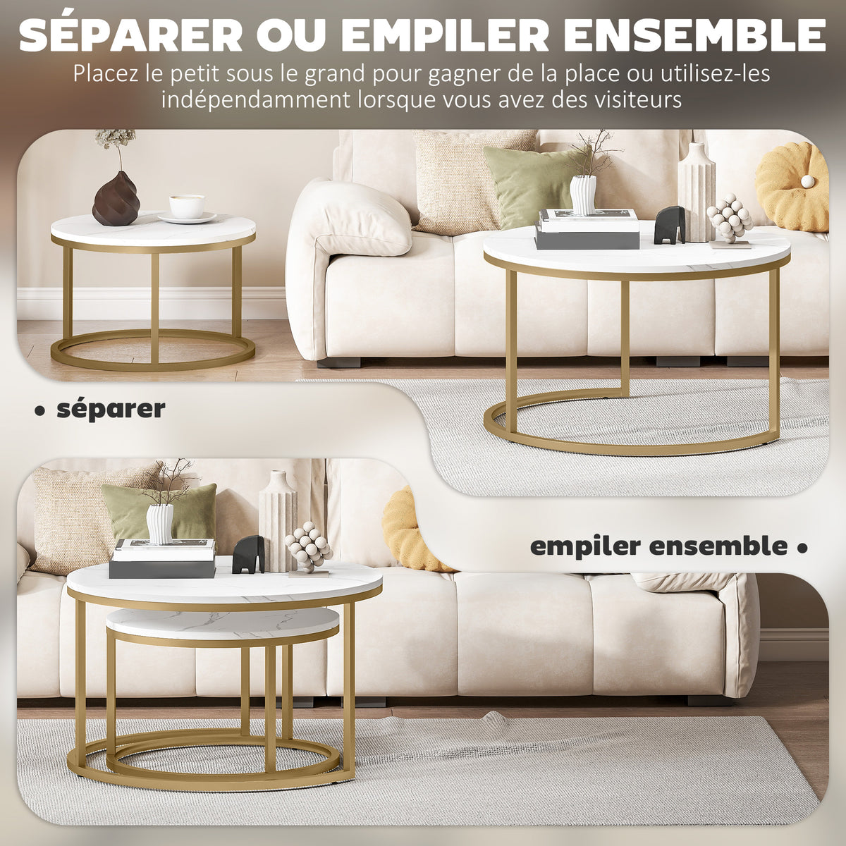 Lot de 2 tables basses gigognes empilable design industriel plateau imitation ciment pieds en métal blanc-4